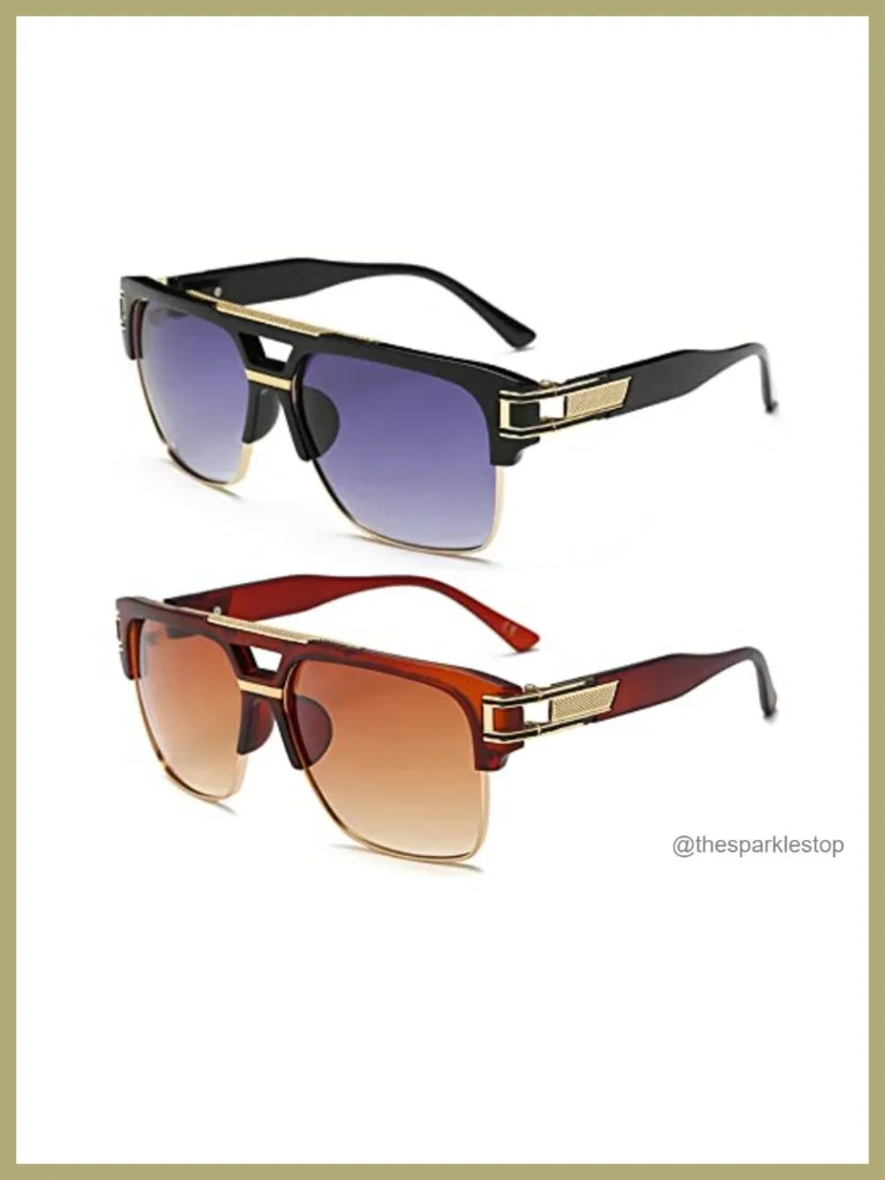 Vintage Oversized Square Sunglasses UV400 Protection Semi-Rimless Gold Alloy